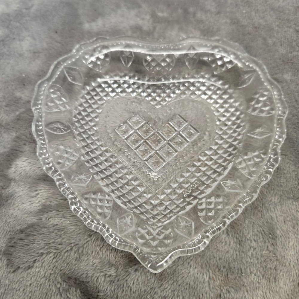 Avon Vintage Clear Pressed Glass Heart Trinket Dish Diamond Point Scalloped 5in